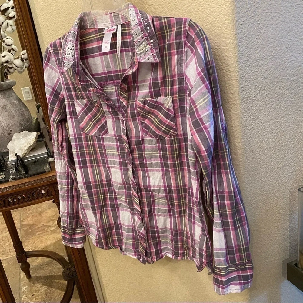JUSTICE Girls Pink Plaid Embellished Collar Top Size 16